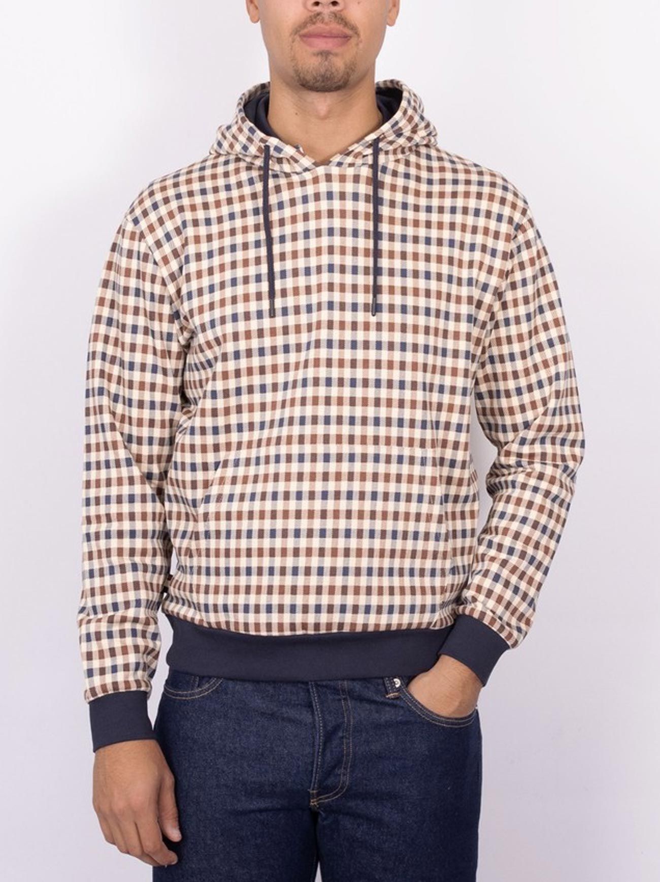 Aquascutum Mens Navy Active Club Check Hoodie Designerwear