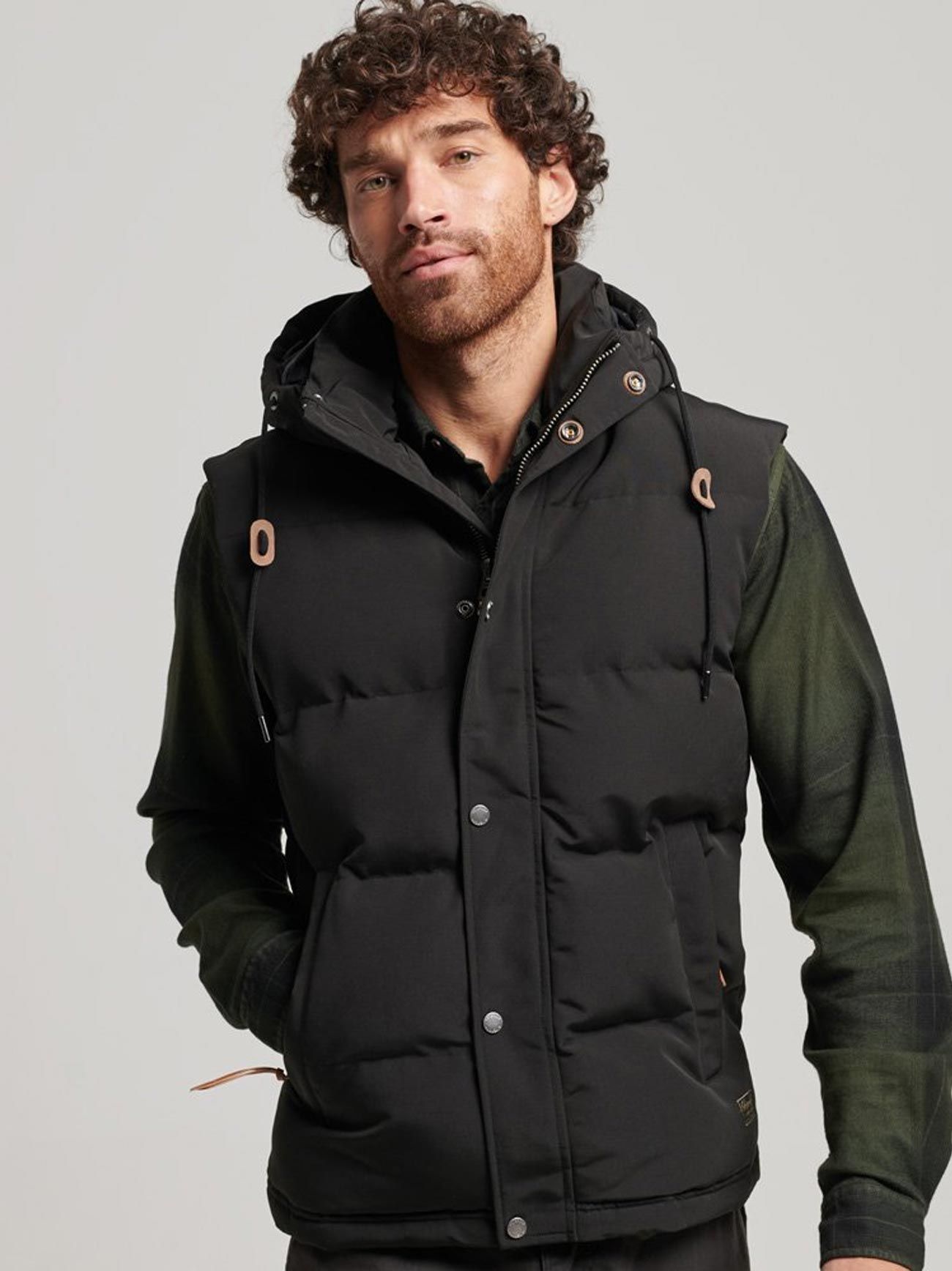 Superdry Mens Jet Black Everest Hooded Puffer Gilet | Designerwear