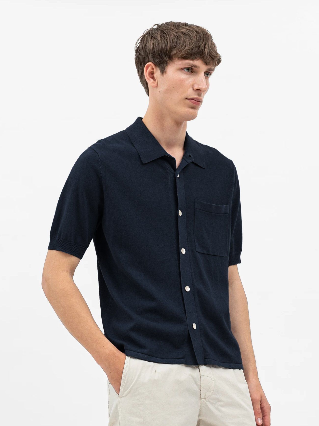 Dark Skinned Rollo Norse Projects Mens Dark Navy Rollo Cotton Linen Shirt | Designerwear