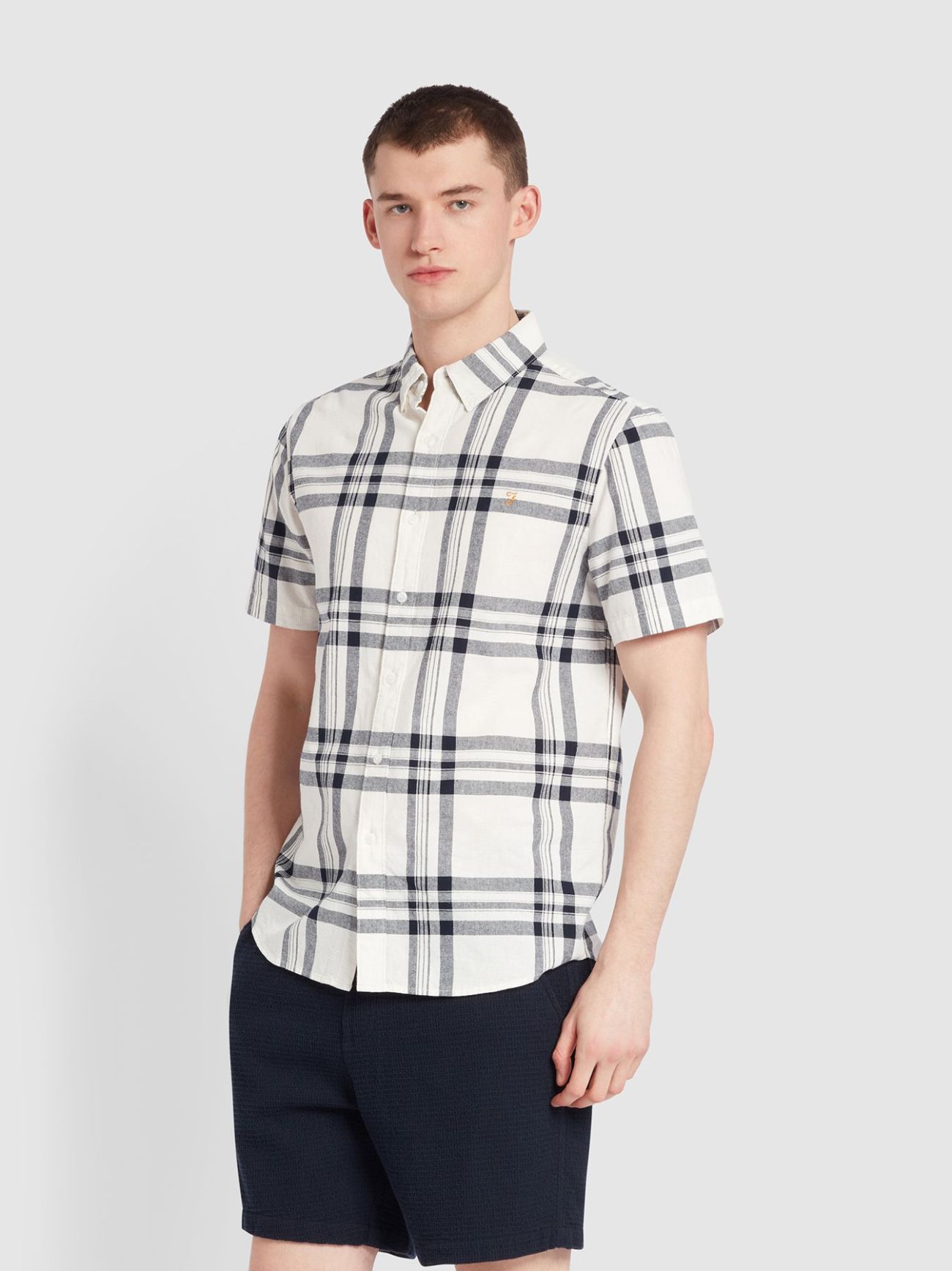 Farah Mens Ecru Short Sleeve Kele Check Shirt | Designerwear