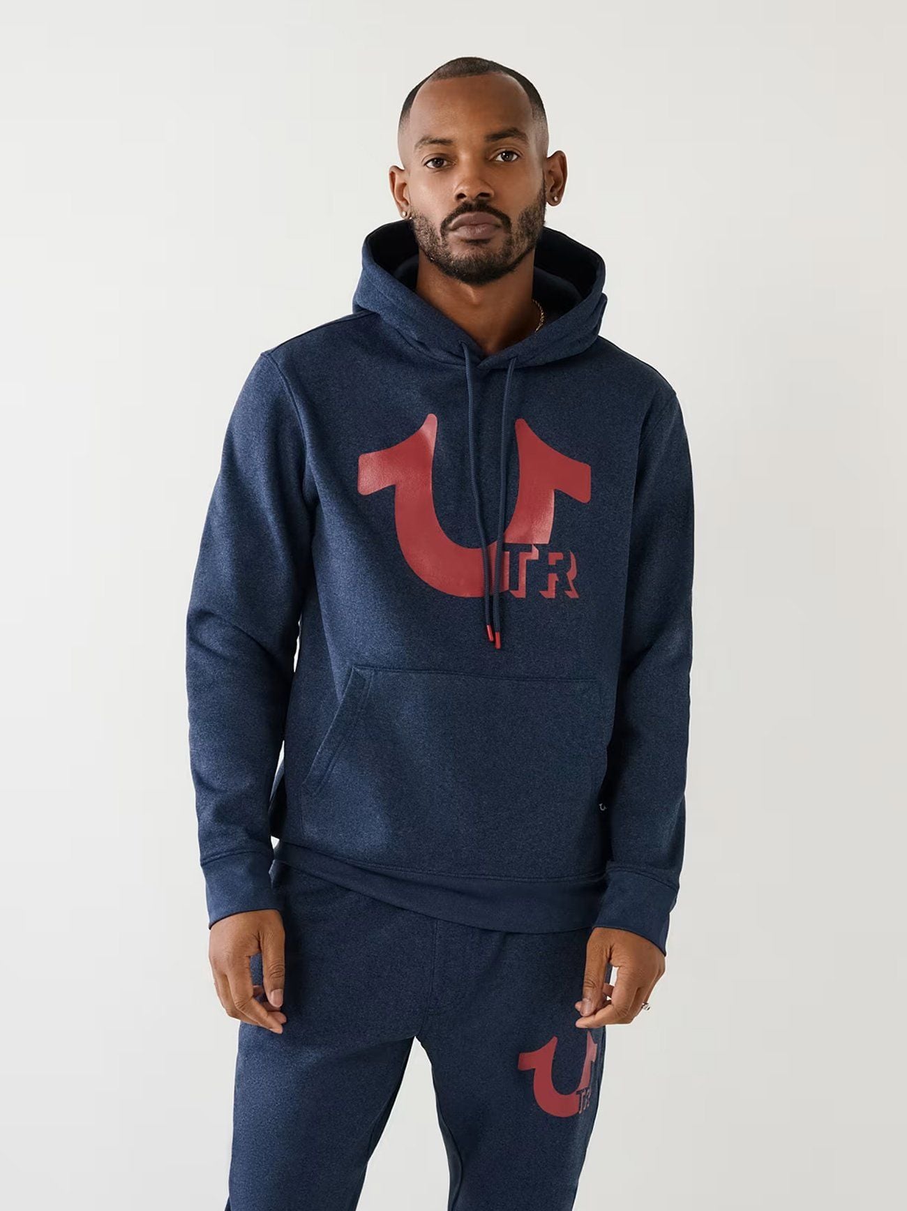 True Religion Mens Navy Heather Red Horseshoe Logo Pullover Hoodie