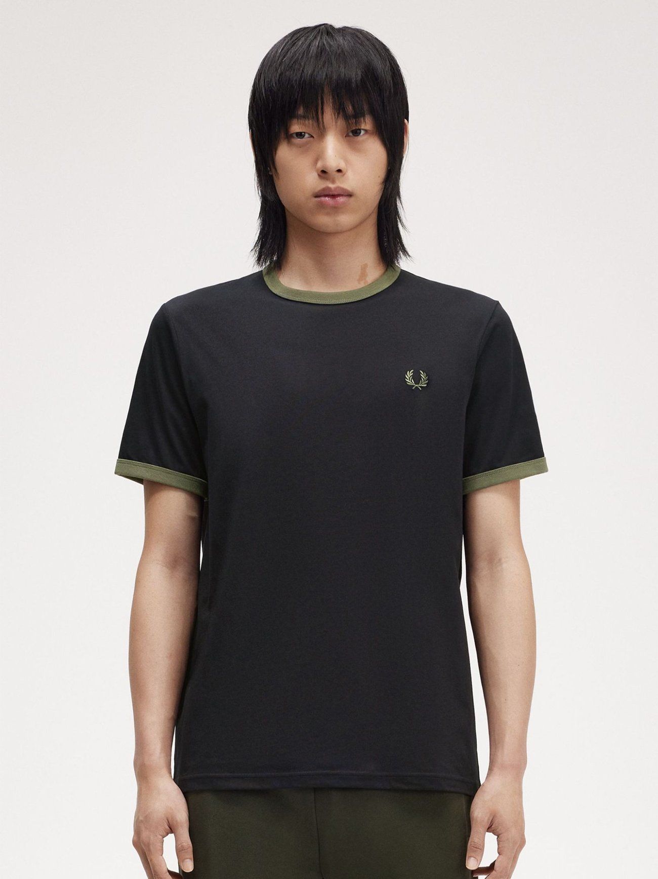Fred Perry Mens Black Laurel Wreath Green Ringer T-Shirt | Designerwear