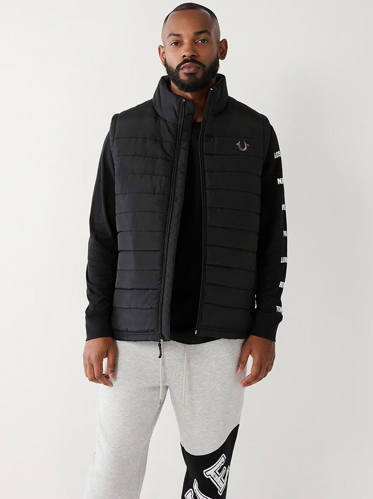 True Religion Mens Jet Black Horseshoe Puffer Vest Designerwear