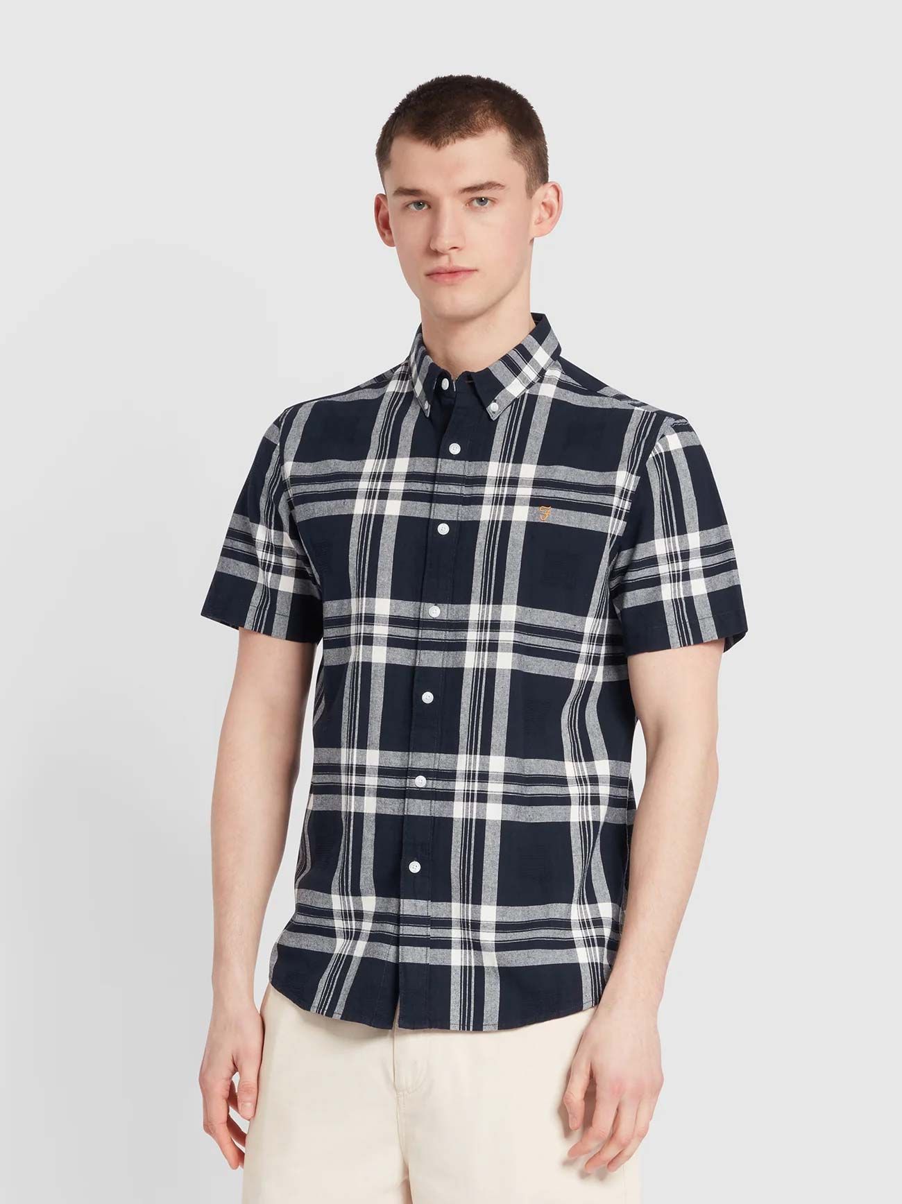Farah Mens True Navy Short Sleeve Kele Check Shirt | Designerwear