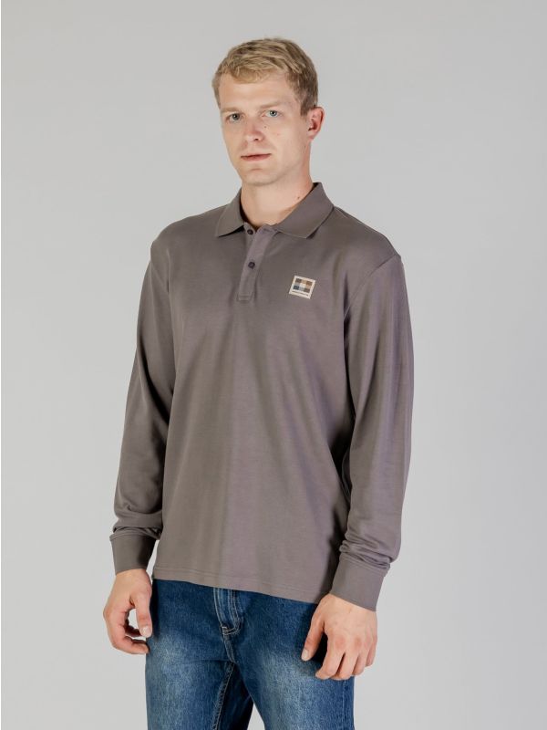 Aquascutum Mens Charcoal Active Piquet Patch Long Sleeve Polo