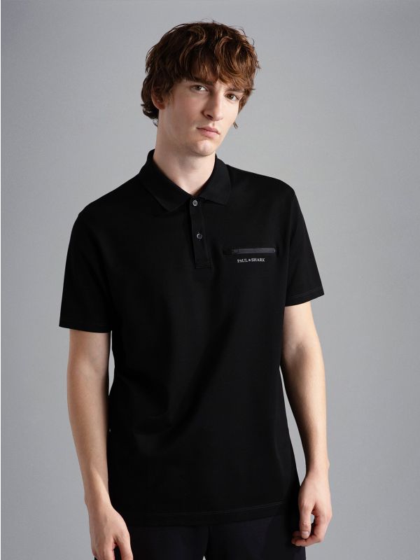 Paul Shark Mens Black Knitted Cotton Polo Shirt Designerwear