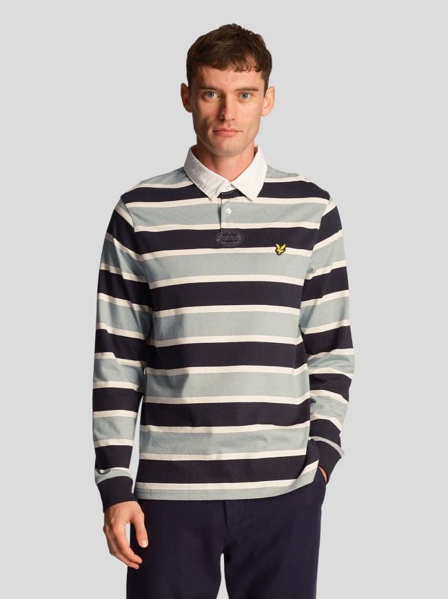 Lyle and Scott Mens Slate Blue Stripe Rugby Polo Shirt Designerwear