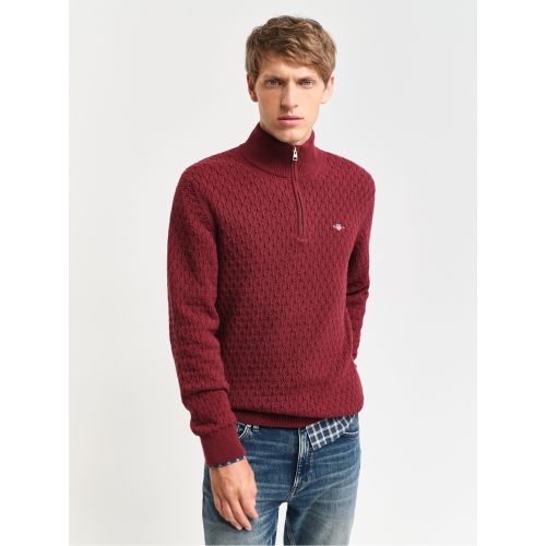 Gant Men's Red Plumped Textu Cotton Half Zip Sweater