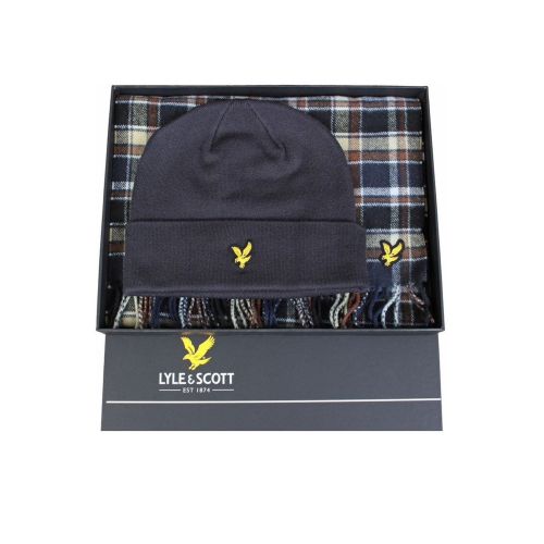 Lyle And Scott Men's Blue Night Lambswool Blend Scarf And Beanie Set