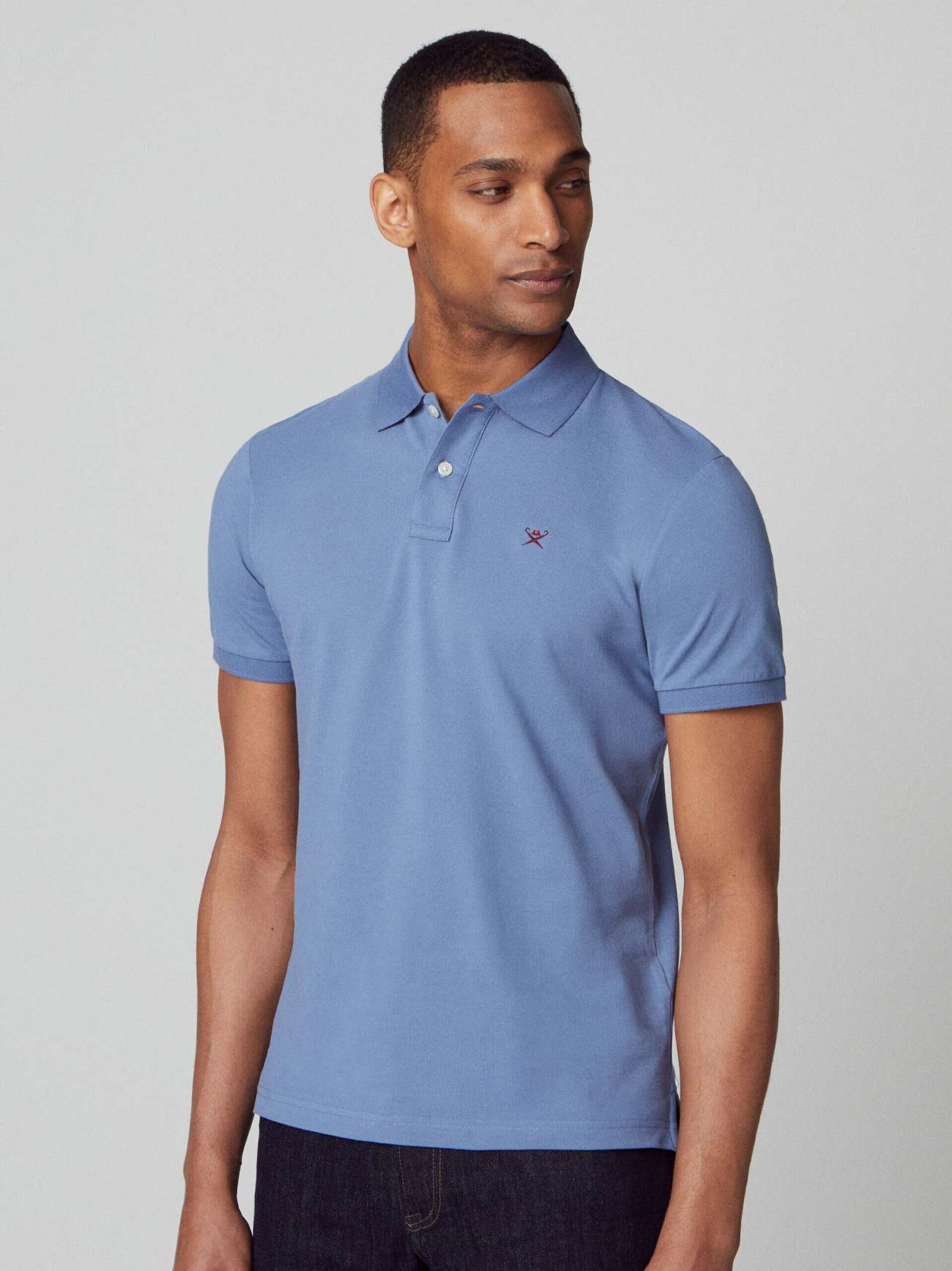 Hackett Mens Steel Blue Embroidered Logo Polo Shirt Designerwear