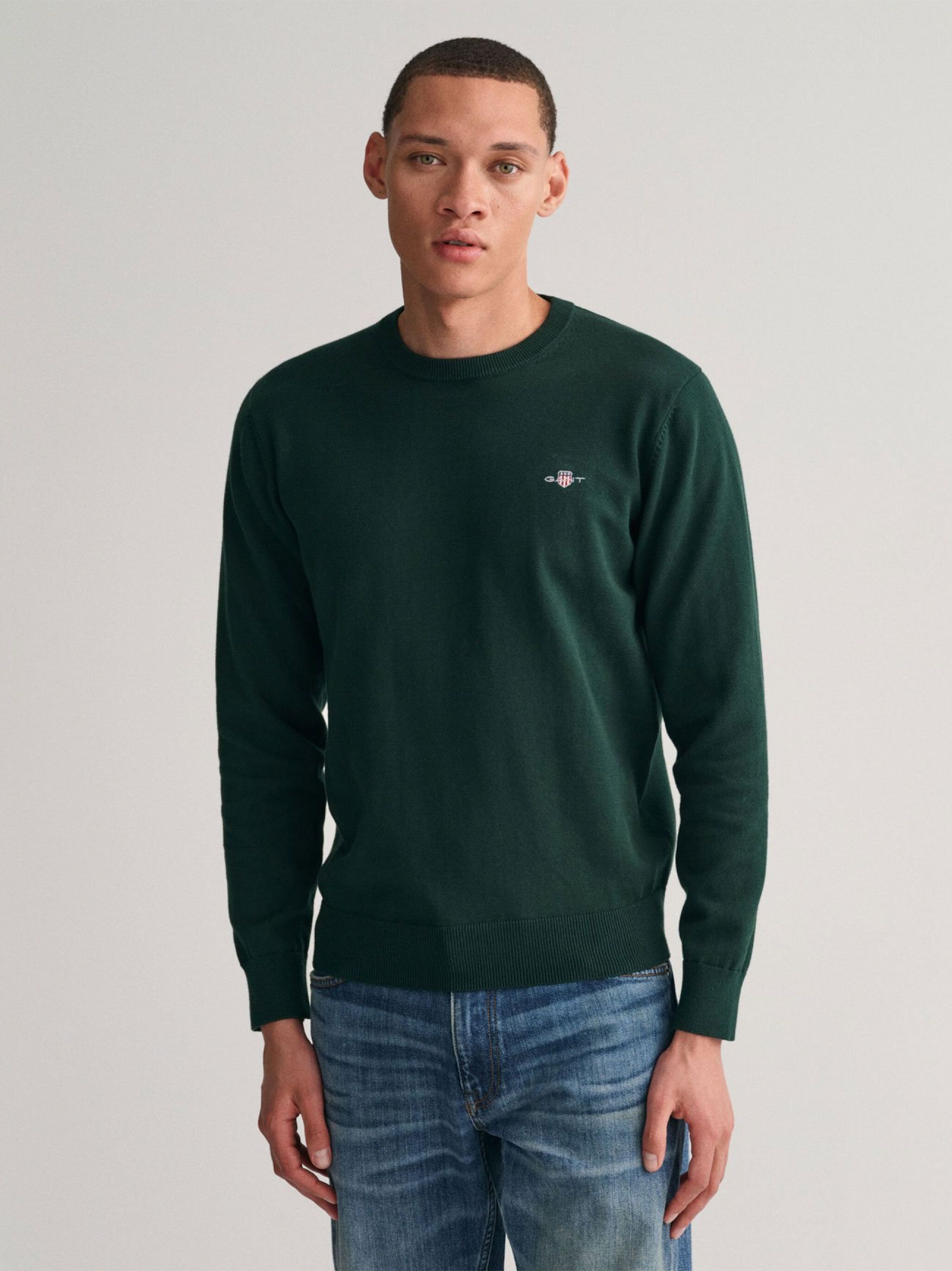 GANT Mens Tartan Green Classic Cotton Crew Neck Sweatshirt | Designerwear