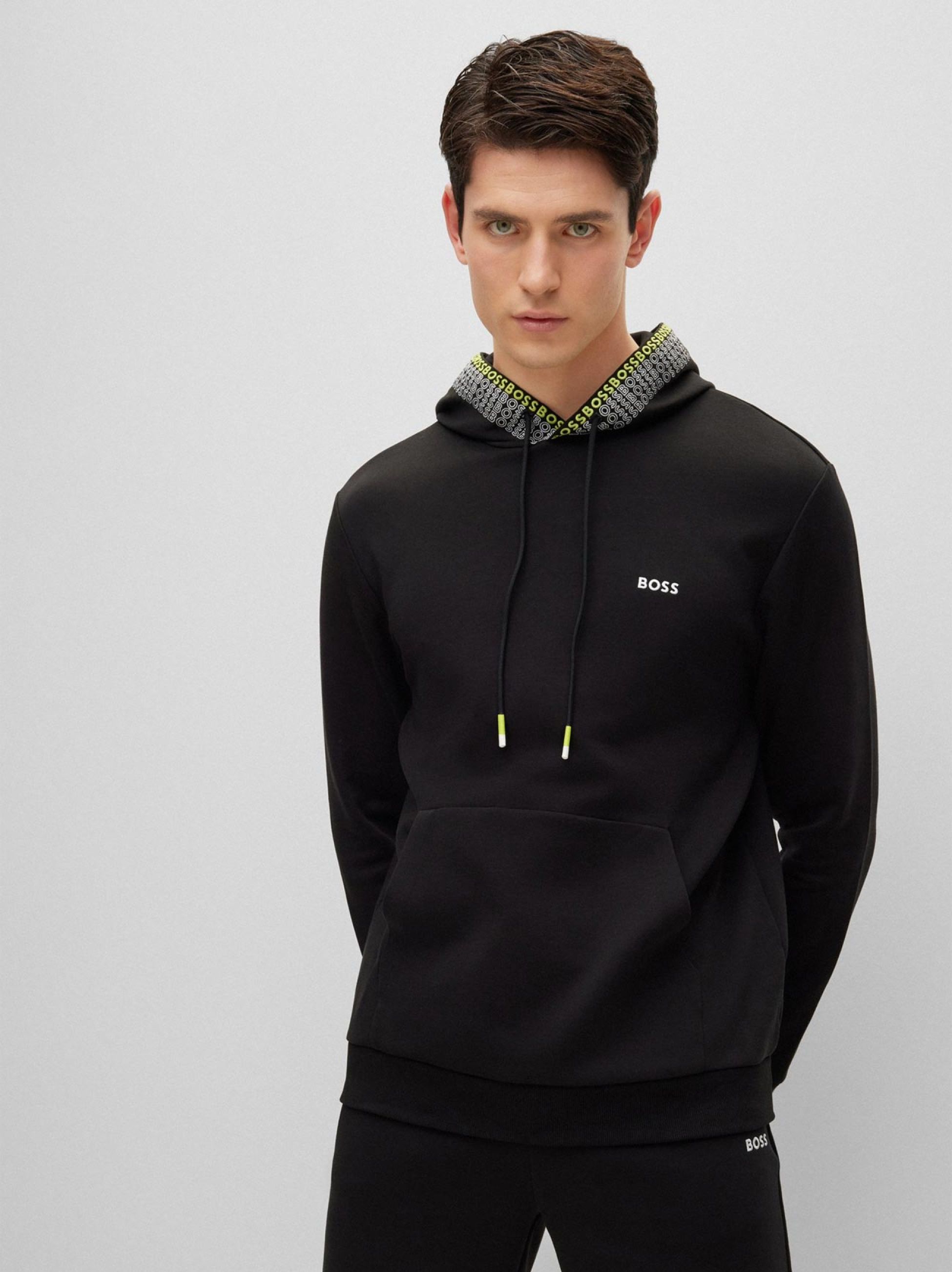BOSS Black Soody Two-Tone Drawcord Hoodie Designerwear Split - Main Image