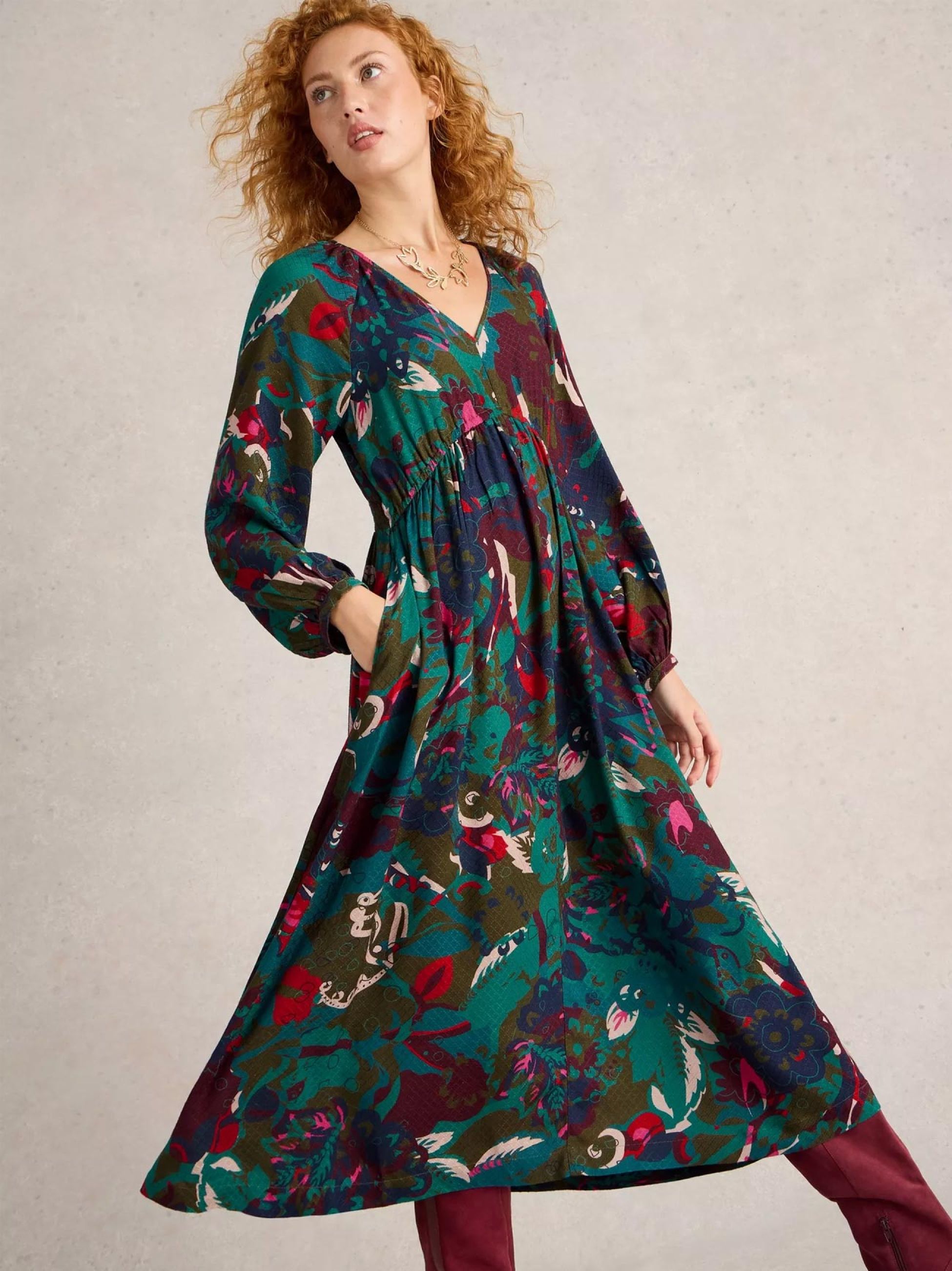 White Stuff Womens Green Print Izzy Midi Dress | Designerwear