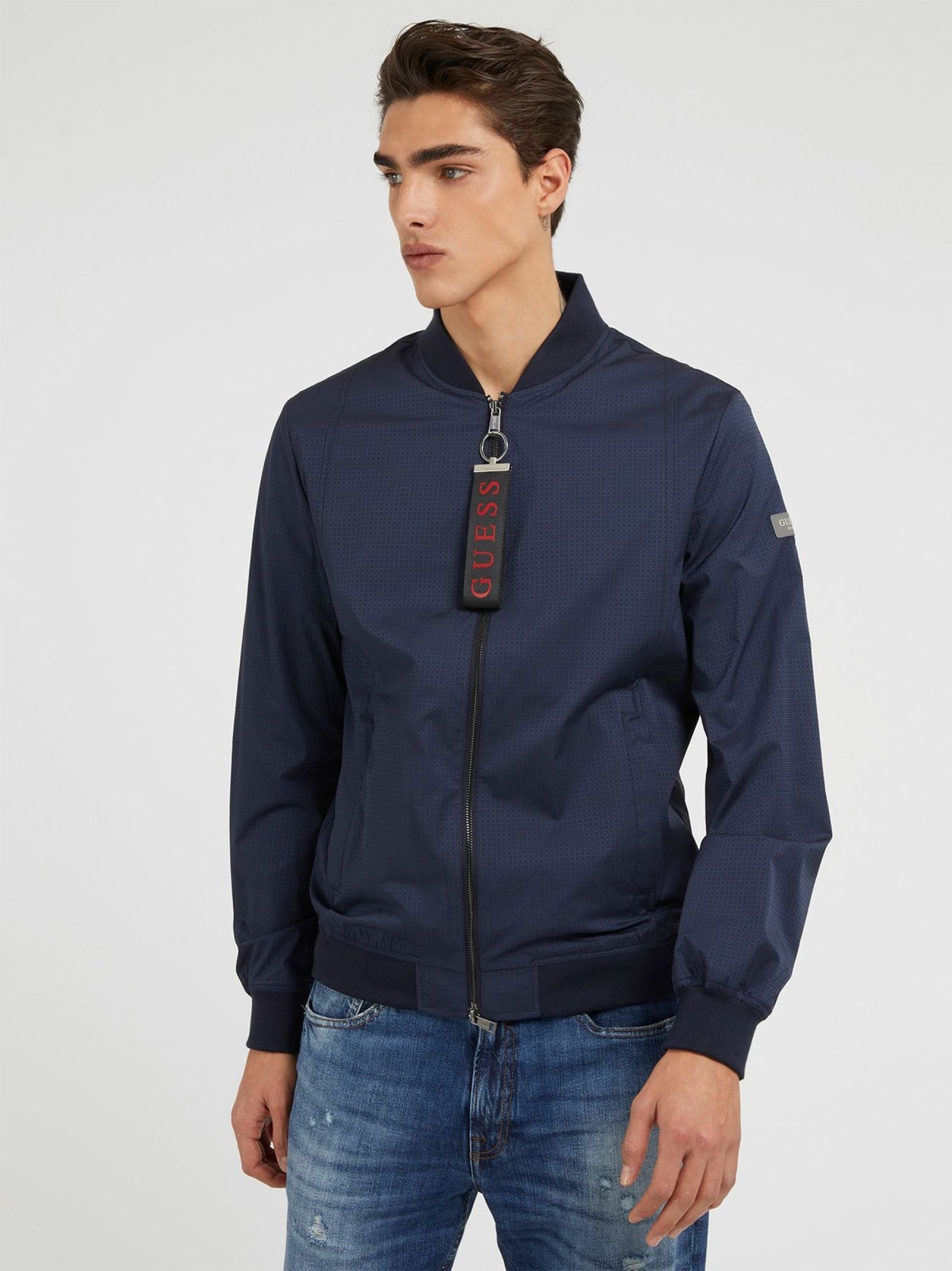 Guess Smart Blue Stretch Bomber Jacket Designerwear Buy Now