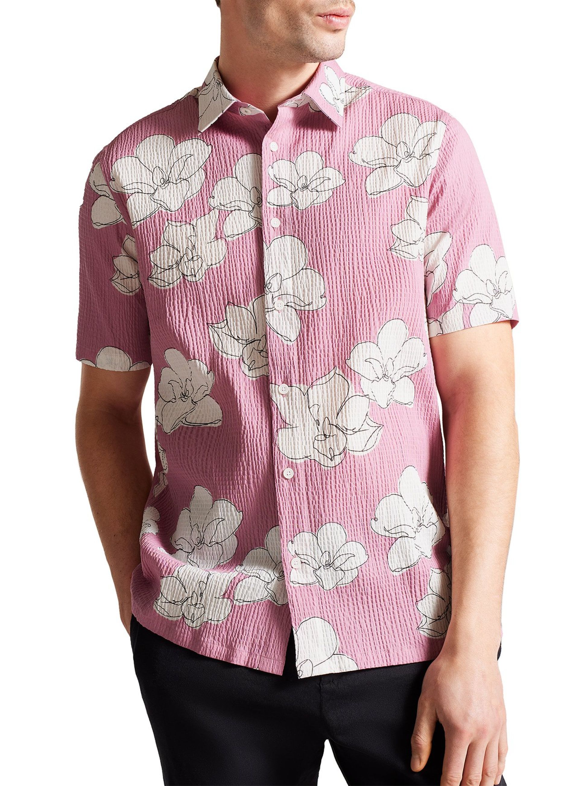Ted Baker Mens Mid Pink Floral Seersucker Shirt Designerwear