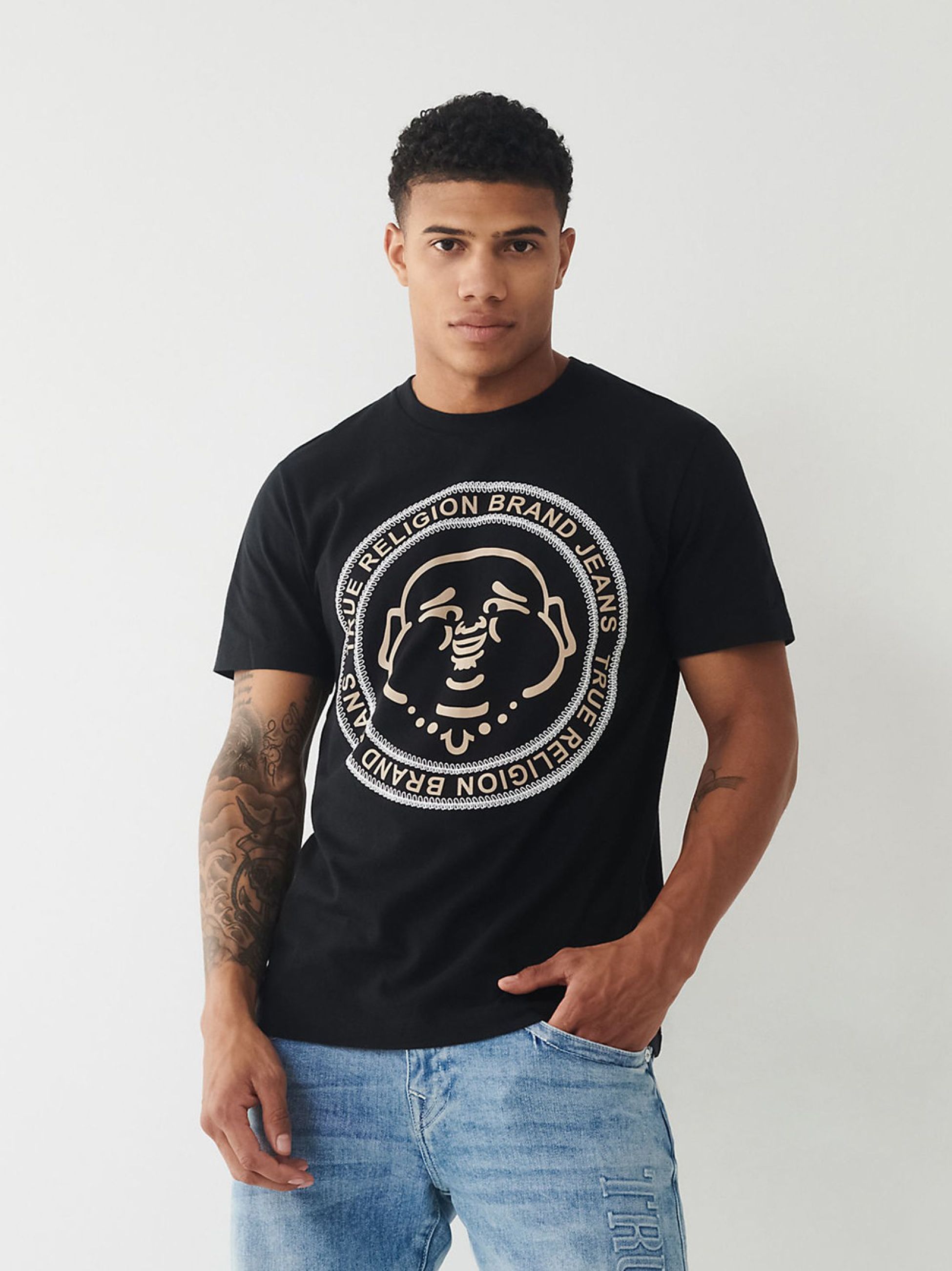 True Religion Mens Jet Black Buddha Face T-Shirt Designerwear