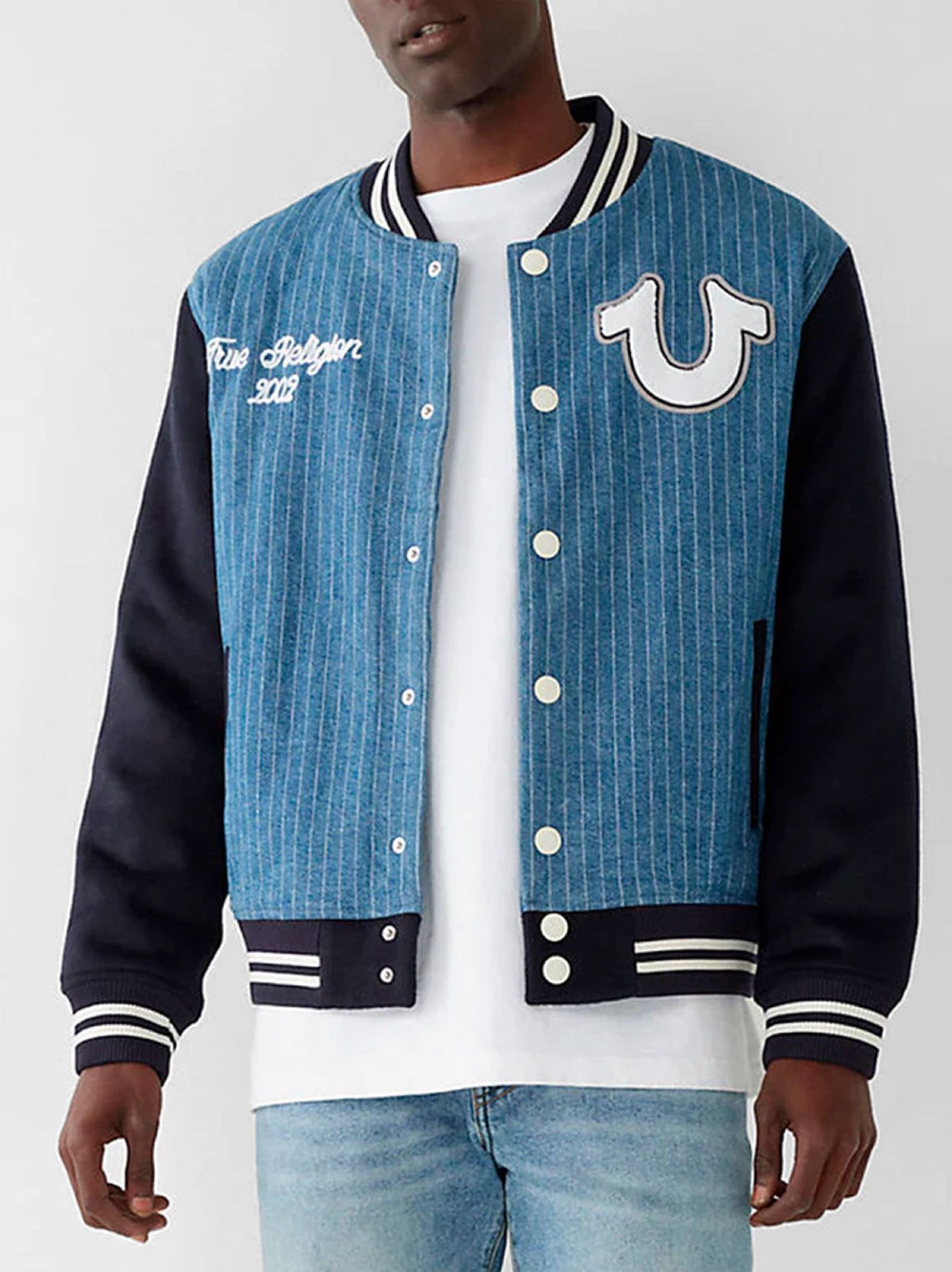 True Religion Mens Dress Blue Pinstripe Denim Varsity Bomber